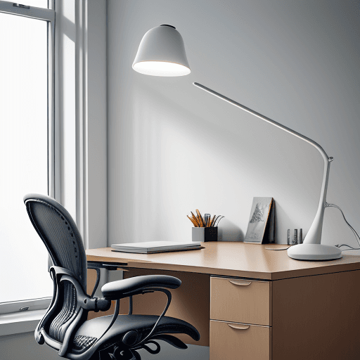 AI generated: Spacious office with frontal view, Herman Miller Aeron chairs, Artemide Tolomeo desk lamps, captured...