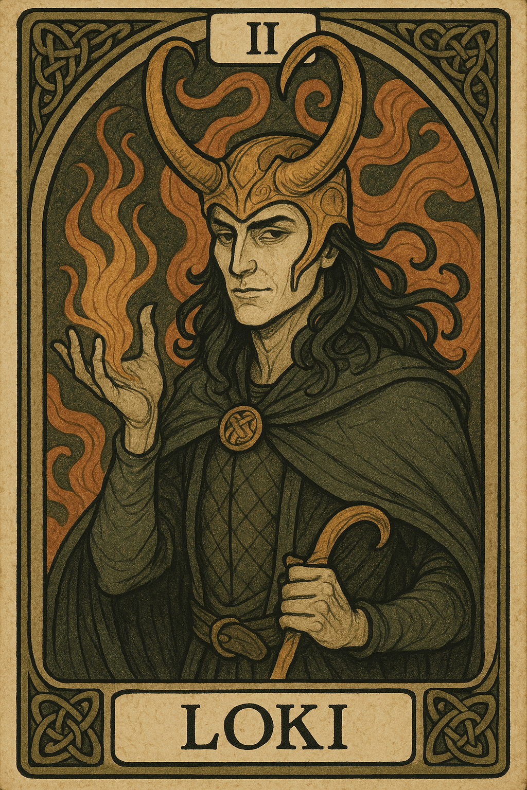 AI generated: Ein Tarotkartenbild von Loki, gestaltet im Stil des Jugendstils und Symbolismus. Loki trägt einen go...