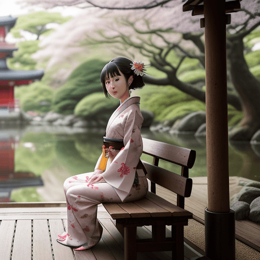 AI generated: Create a personal and intimate portrait of a young japanese woman in kimono sitting on a wooden benc...