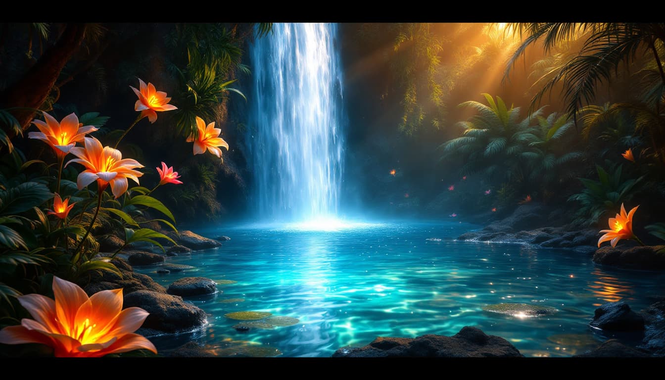 AI generated: depicting an intimate, dreamlike portrait of the paradise lagoon's edge, where the gentle waterfall'...