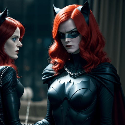 AI generated: Rose Leslie as Batwoman wrapped in dozens of loops of chain as Catwoman looks on.