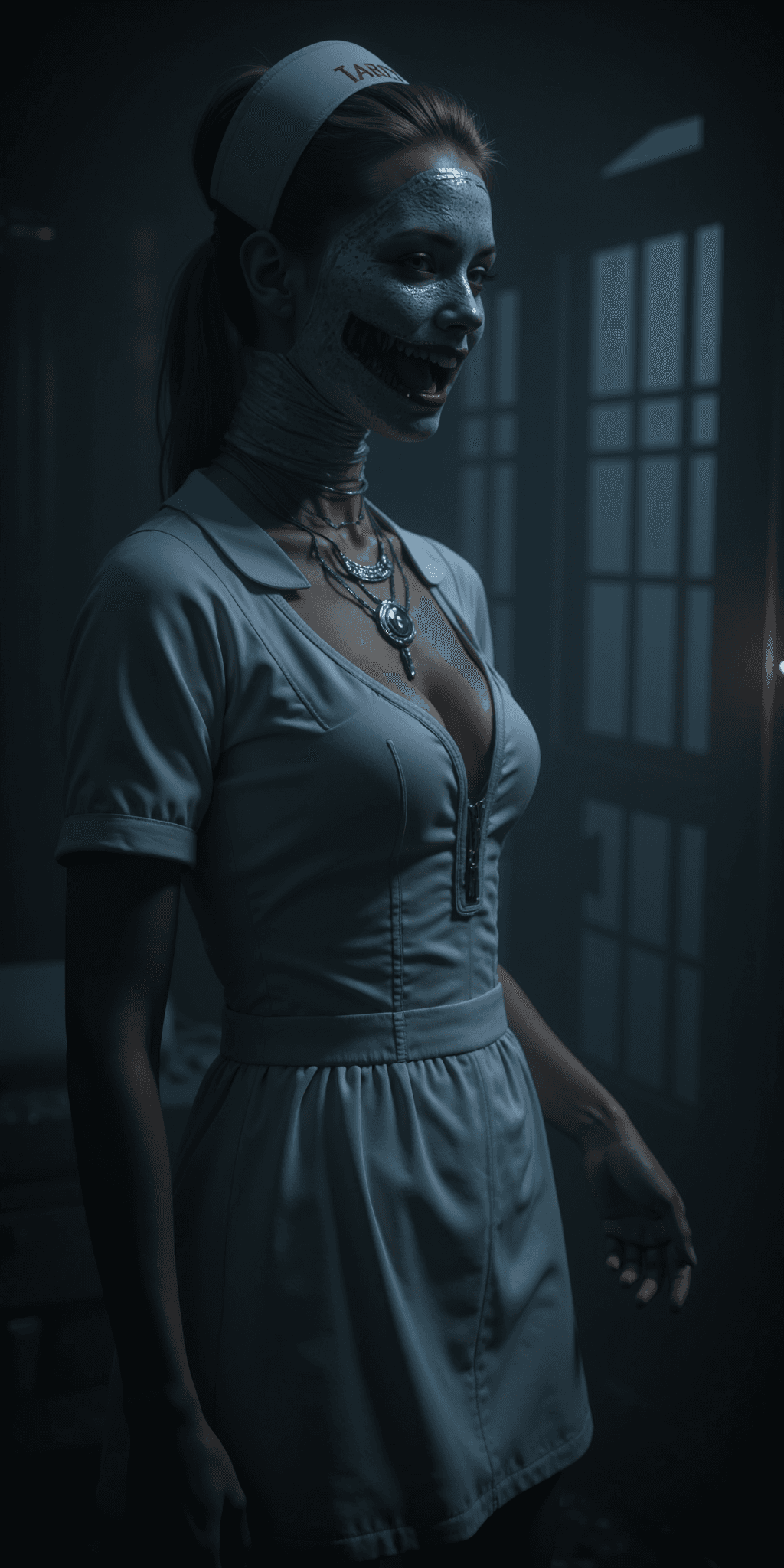 AI generated: legendary photoart, dark terrifying themes, evil nurse from Silent Hill, short uniform, deep necklin...