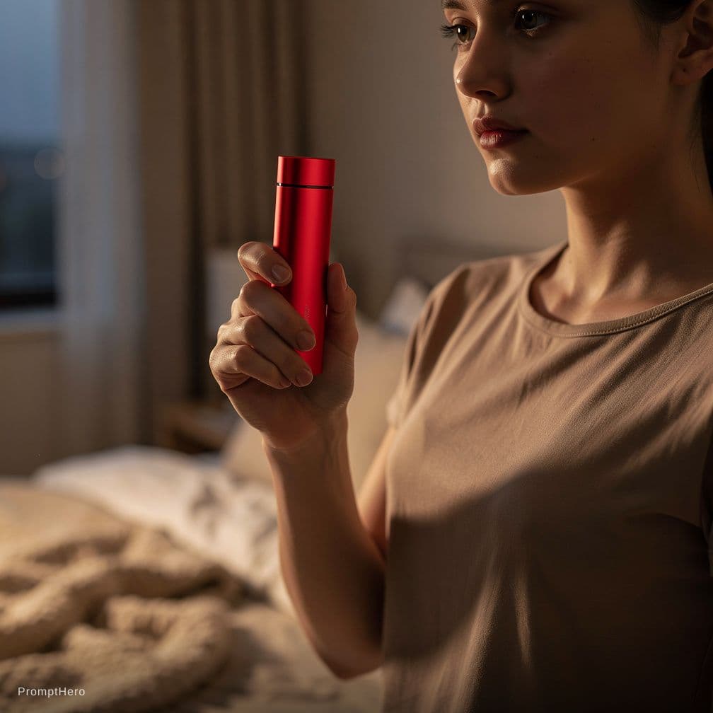 AI generated: Put a vibrator in her hand holding it in a fist hot red