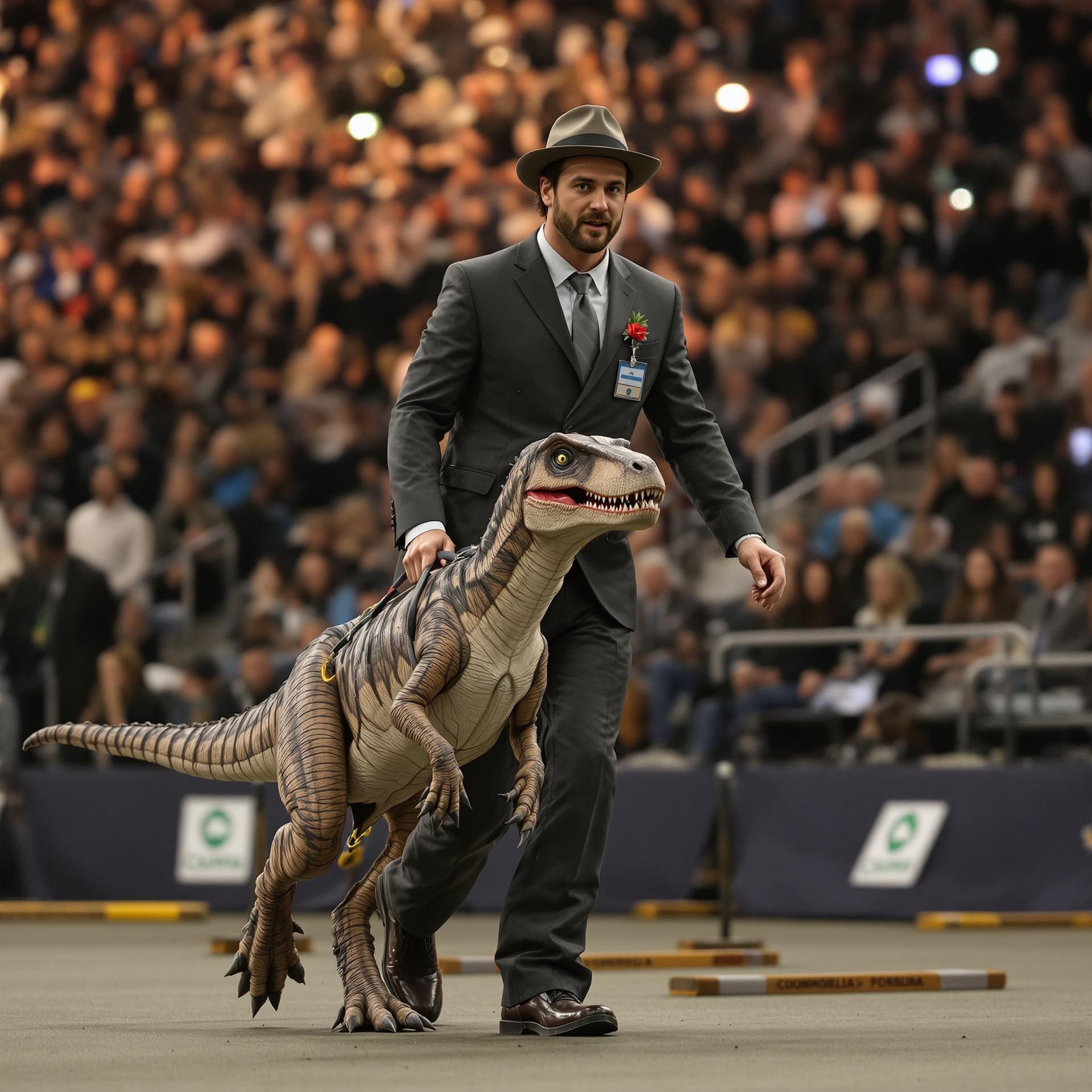 AI generated: in the style of Crufts, a highly realistic man is walking round with a pet velociraptor on a lead in...