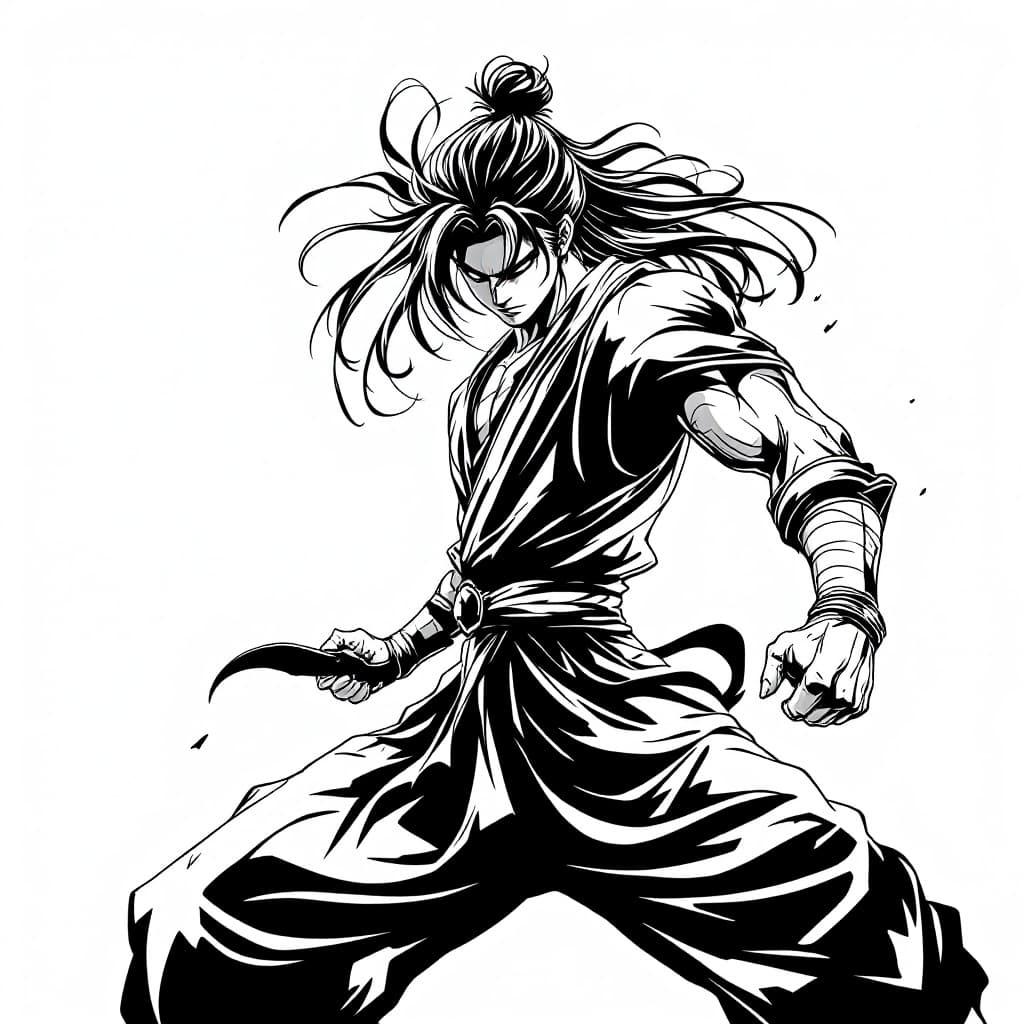 AI generated: "A simple yet visually striking black and white line art illustration of an iconic anime warrior in ...