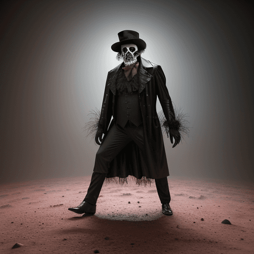 AI generated: a tall fully-figured tango dancing rotting red scarecrow looking like Edgar Allan Poe dressed in a l...