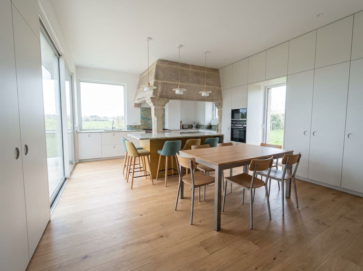 AI generated: te mando una foto son de una cocina.
crea una cocina moderna. suelos claros, armarios de cocina pare...