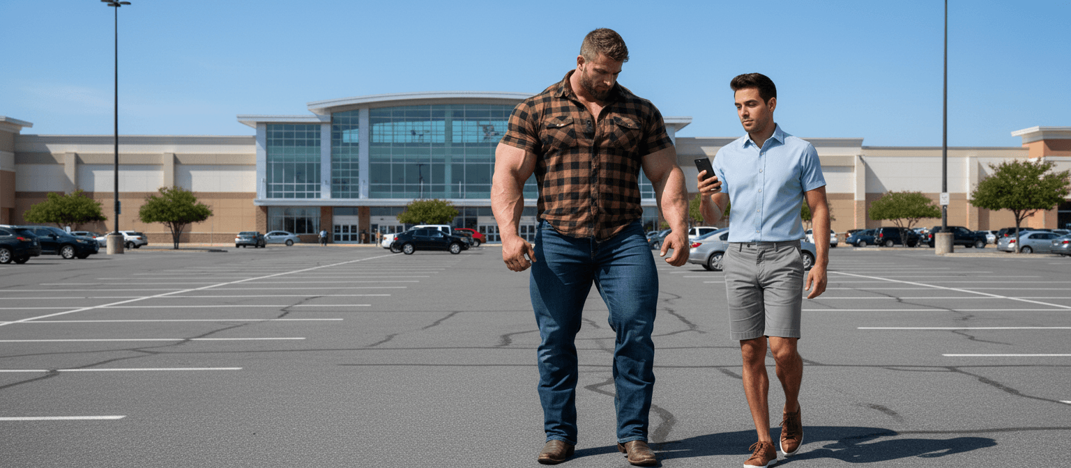 AI generated: the bodybuilder is 6'4" tall, he has huge muscular shoulders and extra huge muscular legs. He is wea...