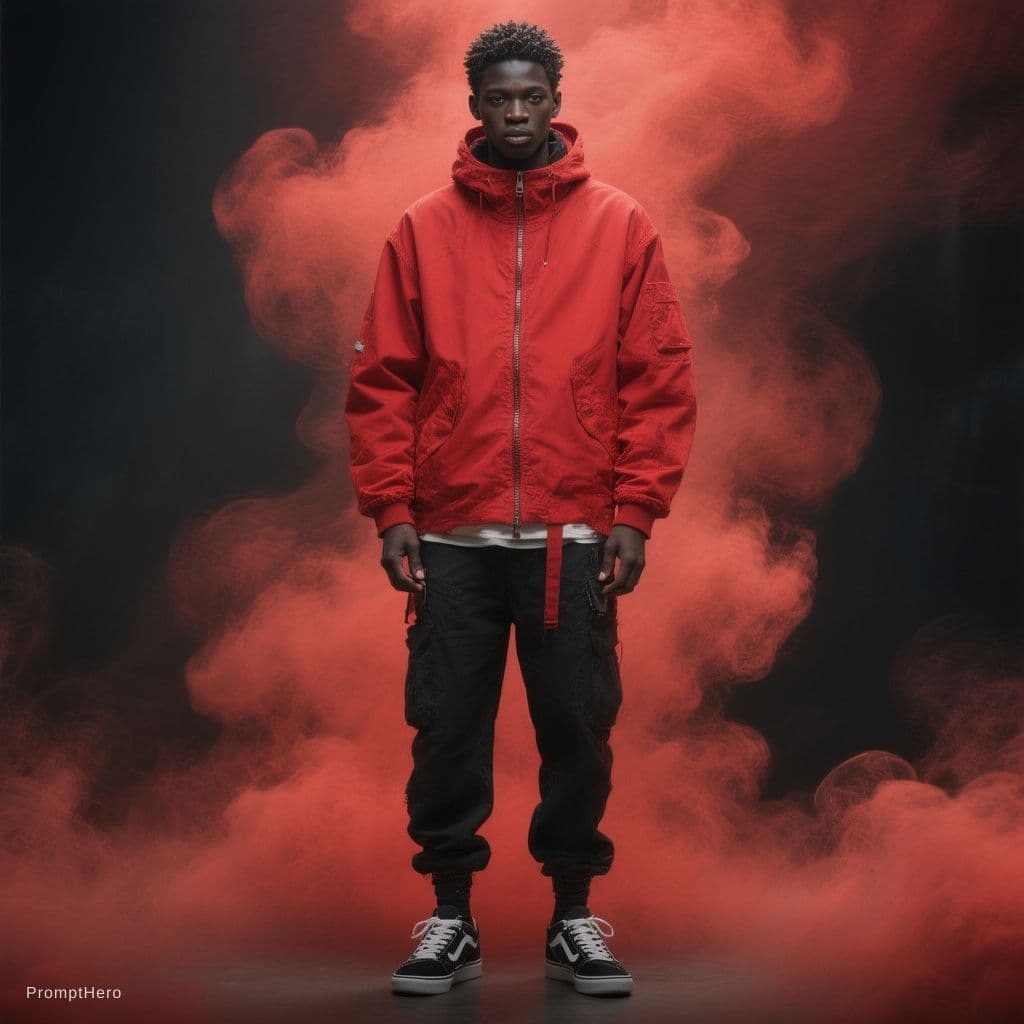 AI generated: fashion photography, front central full-length shot, male model, vibrant red color and black palette...