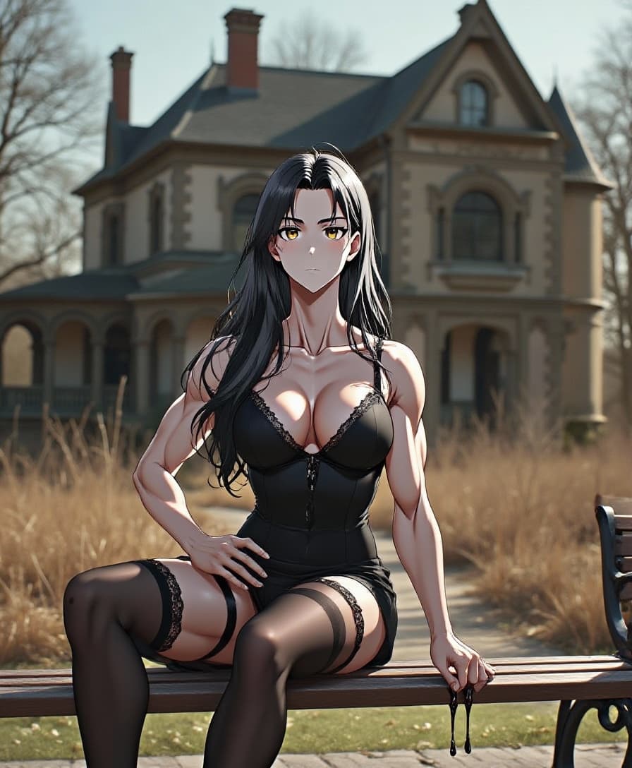 AI generated: Realist feminin futanari, adult, woman, long wavy black and gray hair, hand on penis, masturbating, ...