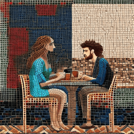 AI generated: A man and a woman are drinking coffee in a coffee shop and a lot of mosaic tiles, detailed, intricat...