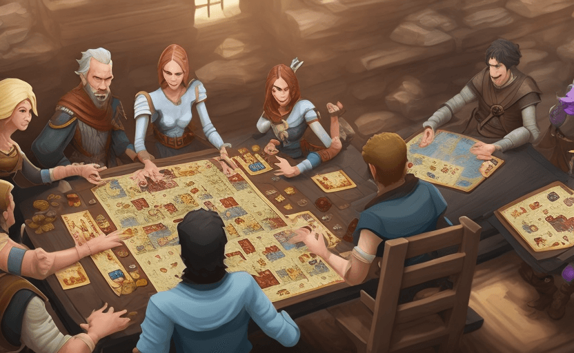 AI generated: dnd game without character, real people, playing boardgame, table