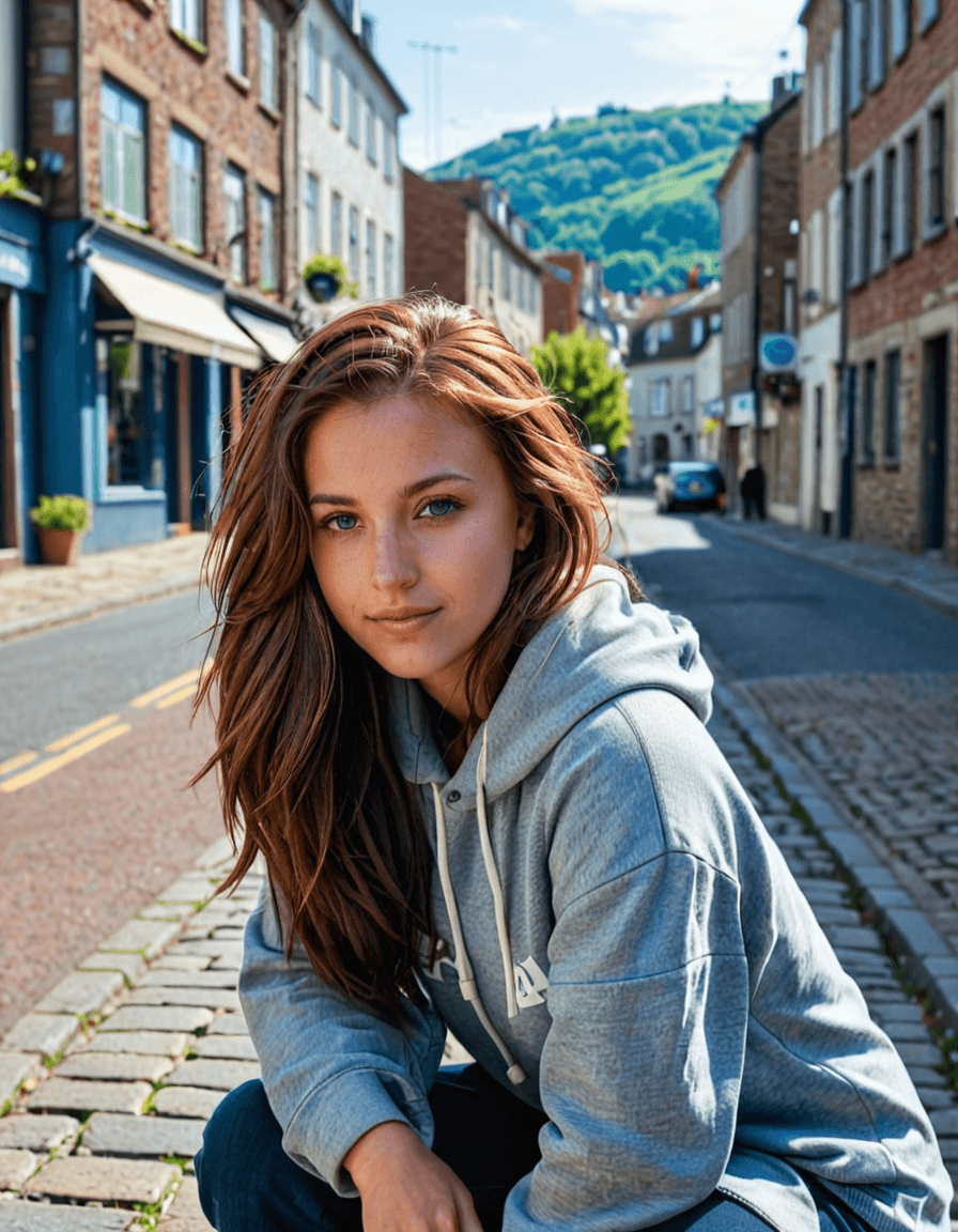 AI generated: iphone photo woman, crouching down, on the side of a cobblestone street, long brunette hair with aub...