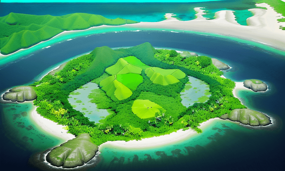 AI generated: bird's eye view of a simple tropical island, green with vegetation, land only. you can see the mainl...