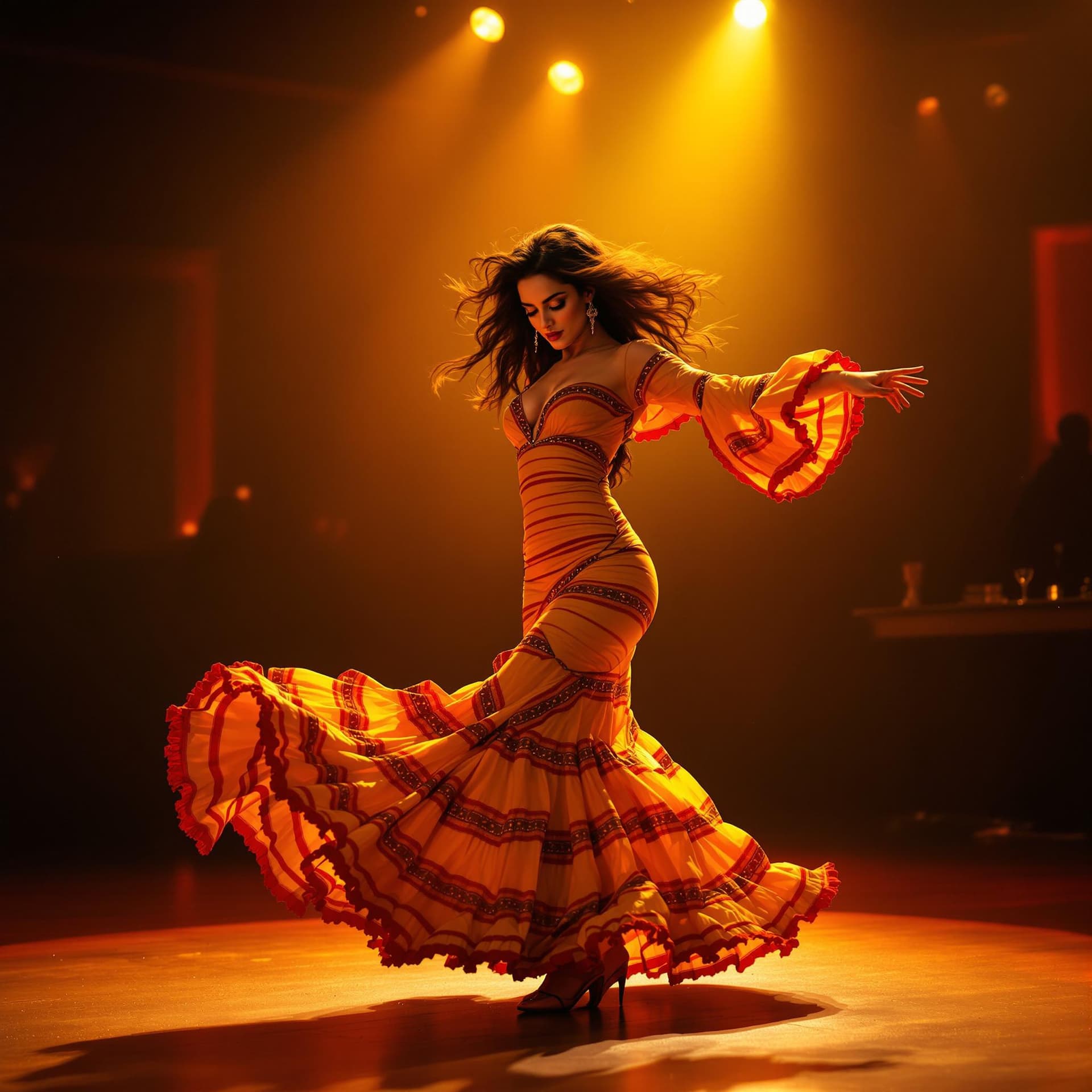 AI generated: photo of Penélope Cruz, in a Spanish flamenco dance floor, passionate Indian beauty, flamenco dancer...