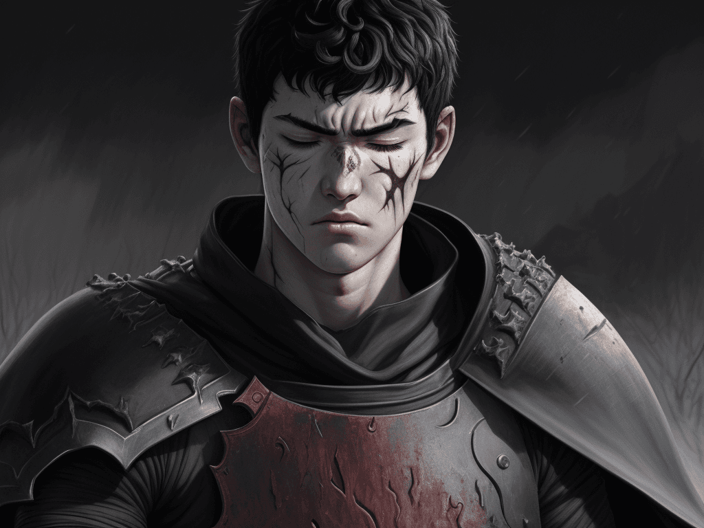 AI generated: portrait of guts \(berserk\), 1boy, black hair, ((depressed)), sad,  expressionless face, lifeless, ...