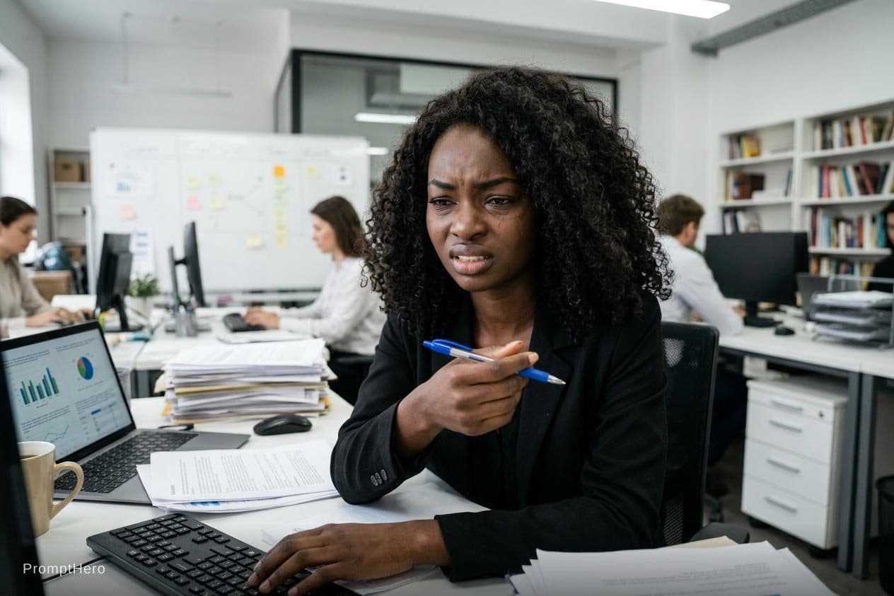AI generated: A woman working in an office, looking tired and agitated. Shes holding a pen. 
