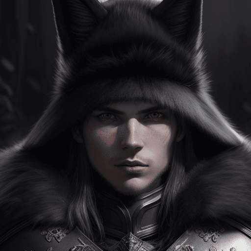 AI generated: Close-up wide angle portrait of Slavic young man knight in black fox fur big winter hat wearing batt...