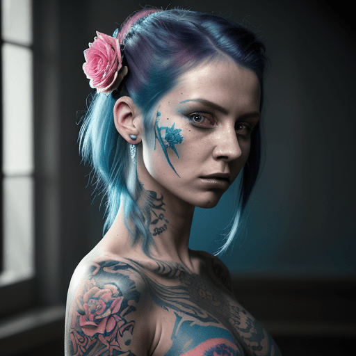 AI generated: a tattoo artist with blue tattoos and flowers on her skin, in the style of futuristic fantasy, inten...