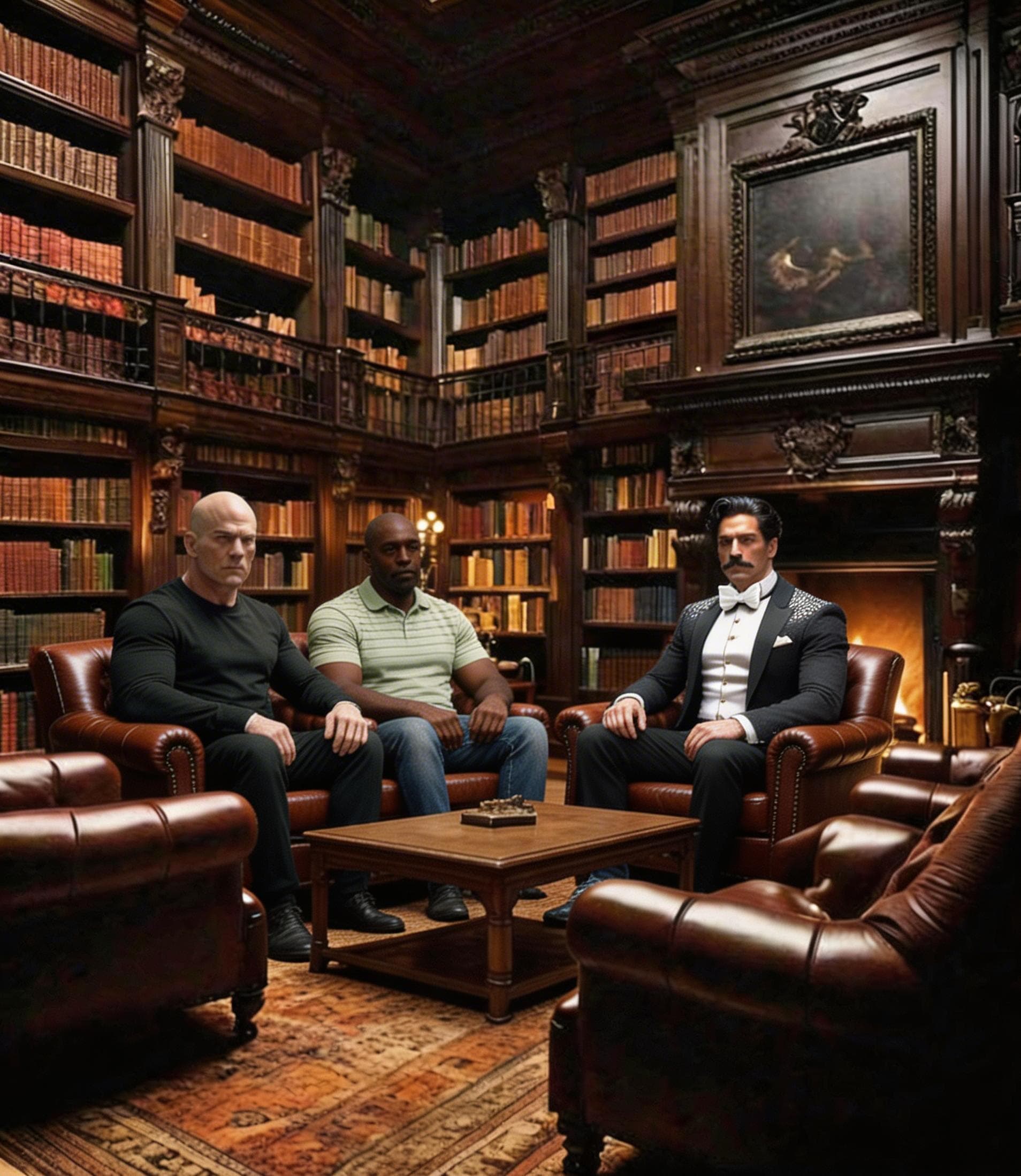 AI generated: Seat the character in reference image two in the library of reference image 1 with the other men.