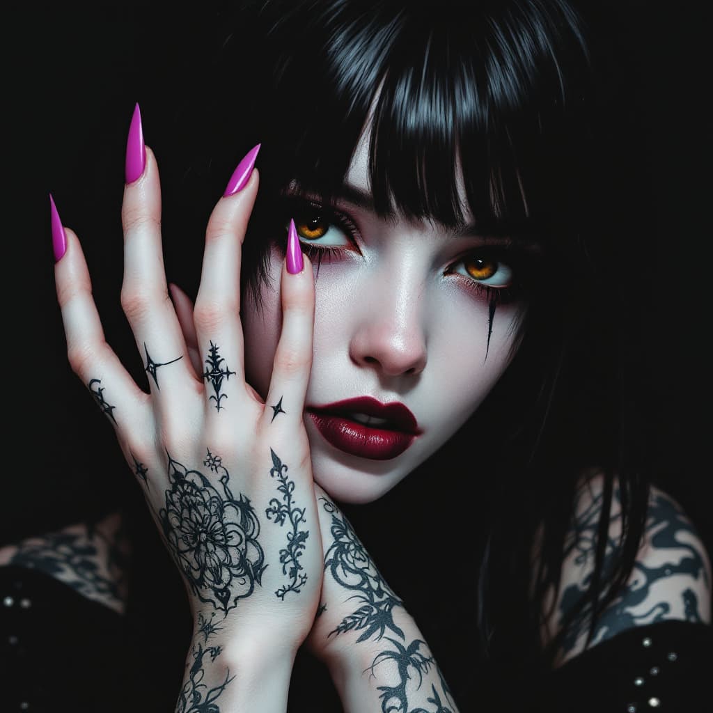 AI generated: gothic anime style, a Girl is cold and arrogant, pale skin, tattoos, white makeup, long sharp black ...