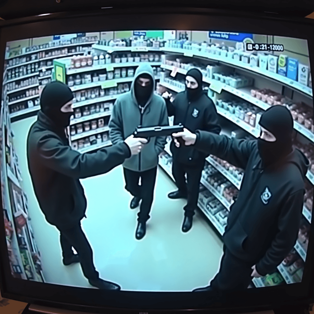 AI generated: loq quality cctv footage from a grocery store of a stealing robber wearing robber mask pointing with...
