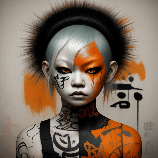AI generated: Asian punk albino woman , beautiful face, black and orange color tones, wabi-sabi art,  abstract , p...