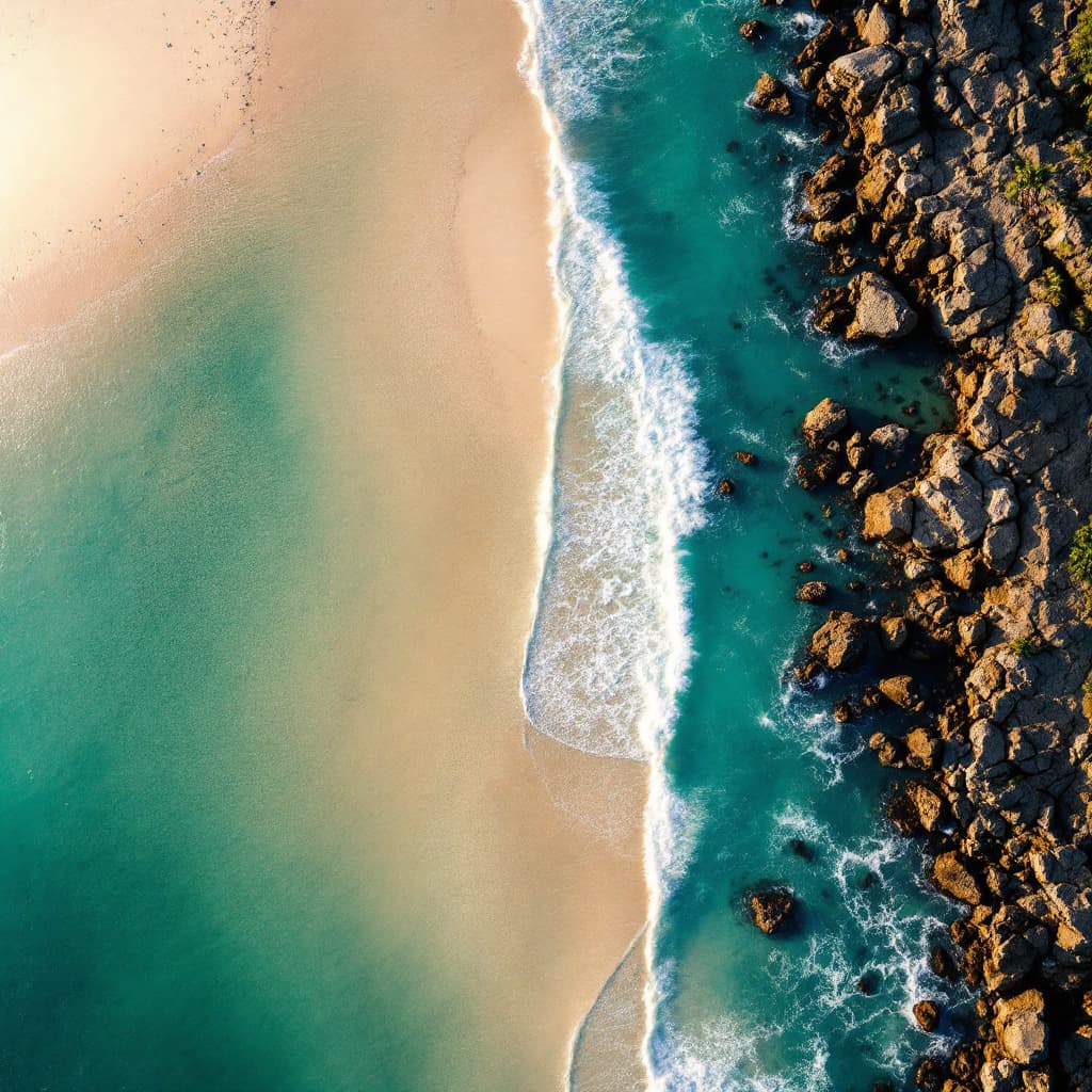 AI generated: A bird's eye view from above a sand beach  looking out over the sea, beautiful aqua marine shades of...