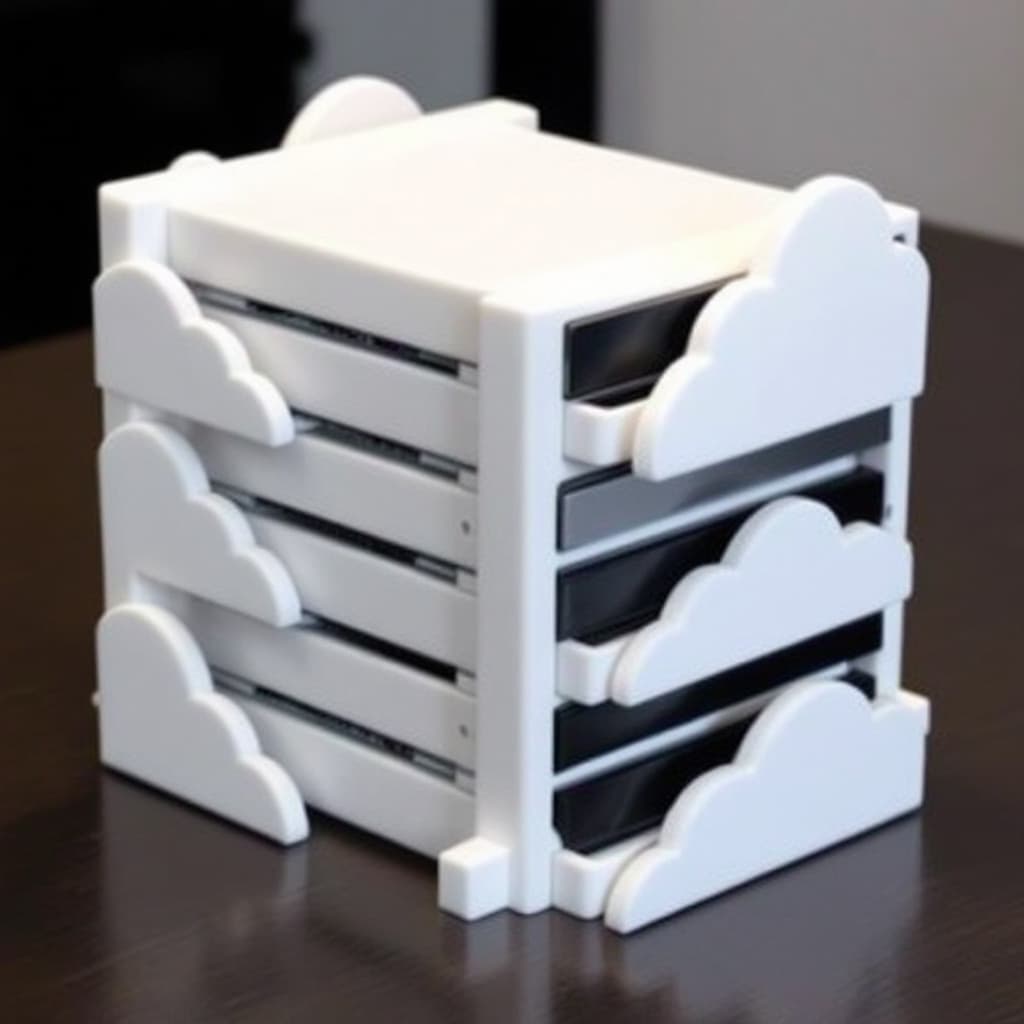 AI generated: A 3d printed Hard drive rack for external HDDs, white with cloud shapes on the sides. 5 Hard drives ...