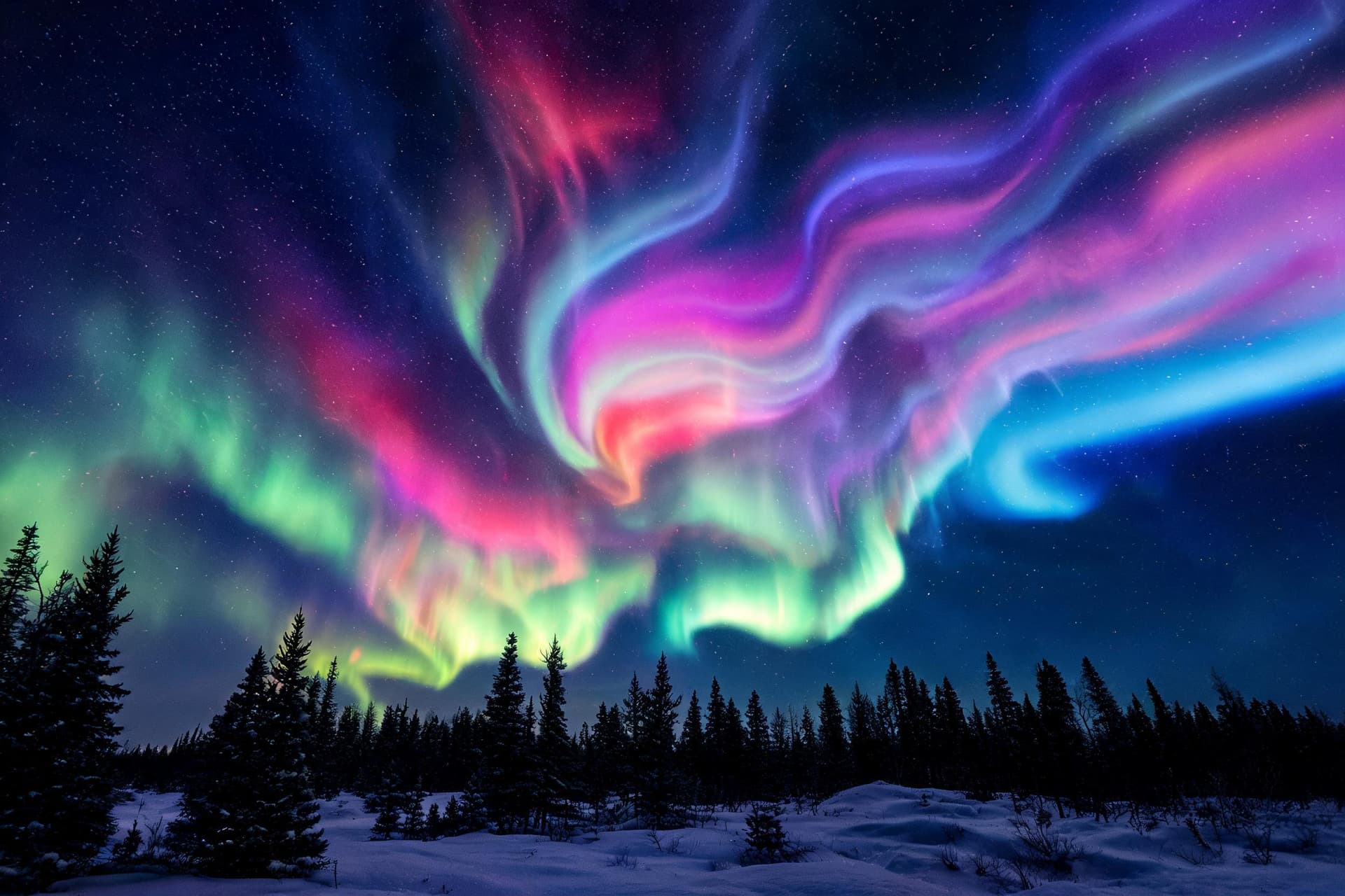 AI generated: northern lights swaying in red purple blue green and pink hues 