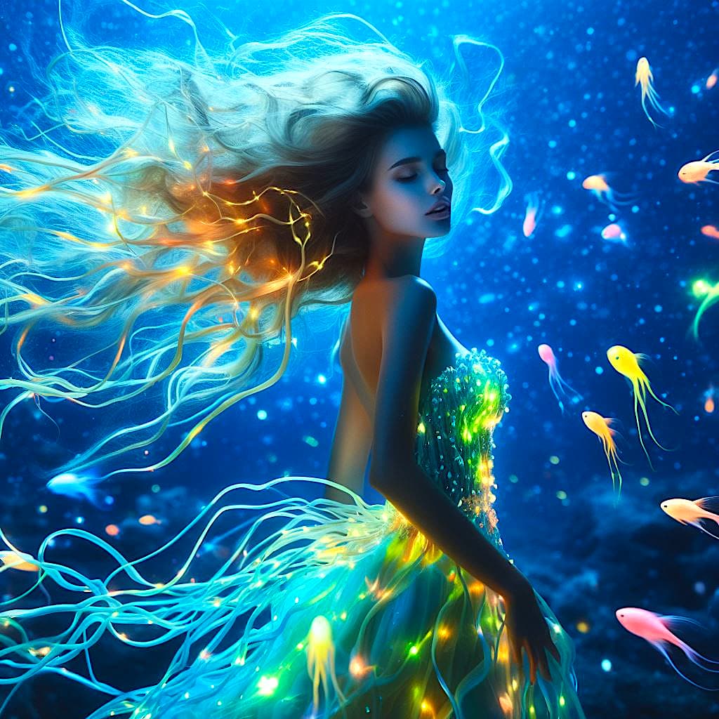 AI generated: A stunningly beautiful underwater goddess with long and flowing bioluminescent hair, dynamic portrai...