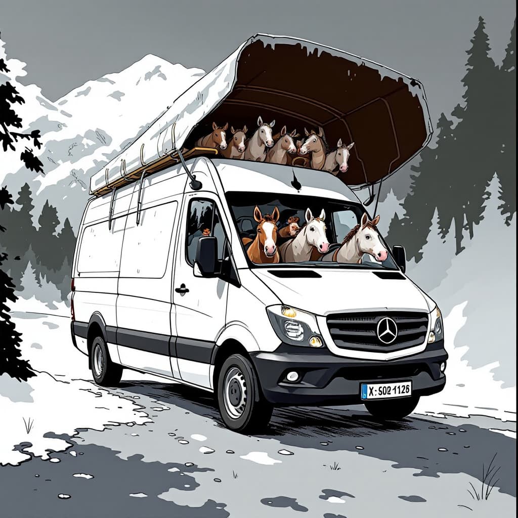 AI generated: zeichne einen esprinter mit einem Chauffeur aus der schweiz. der sprinter solle einen pritschenwagen...