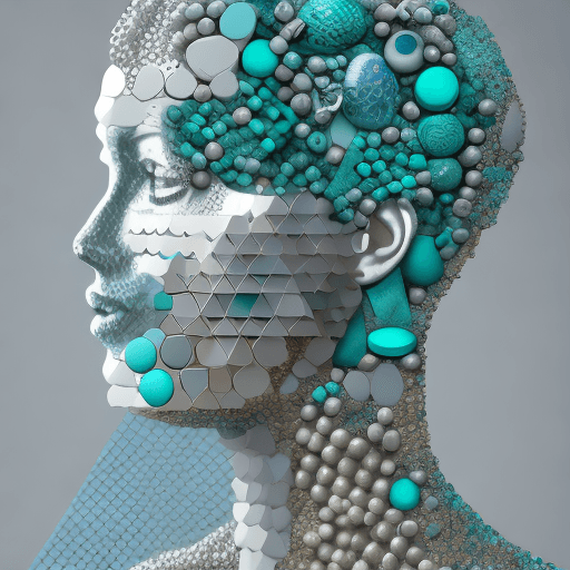 AI generated: the anatomy of a woman's head made of metalic teal eggshell pieces and pills, octopath traveler, van...