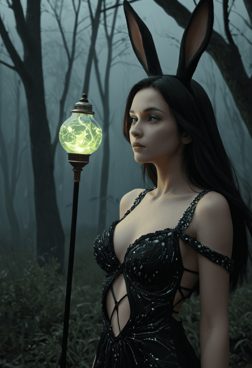 AI generated: A surreal oil painting of a Viera woman from Final Fantasy, capturing her ethereal beauty. Her profi...