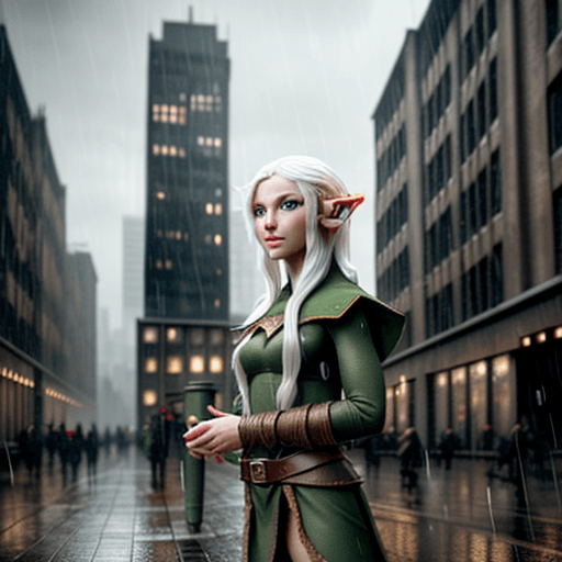 AI generated: A realistic looking elf in a modern world that is raining and surrounded by buildings