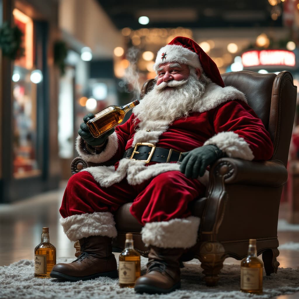 AI generated: A fat Santa clause drinking whiskey out of the bottle with empty whisky bottles at his feet as he si...