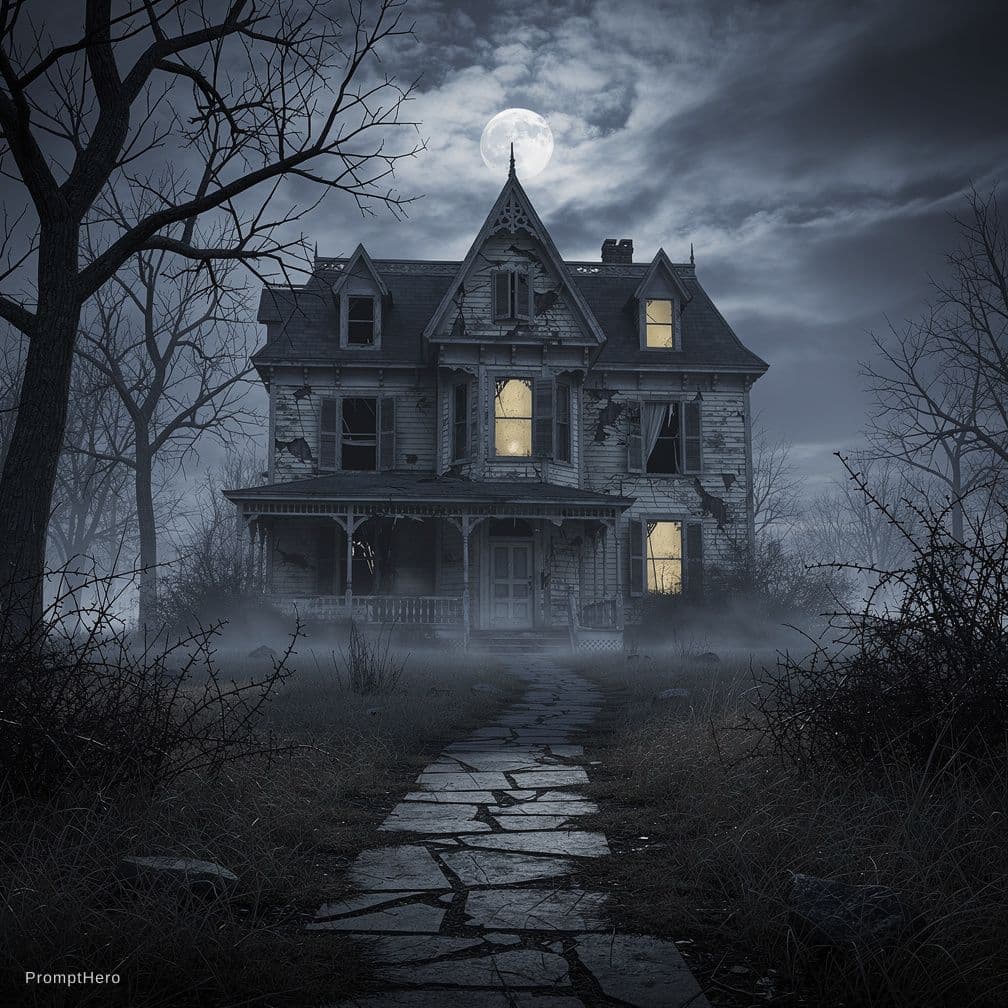 AI generated: a hunted house view in night