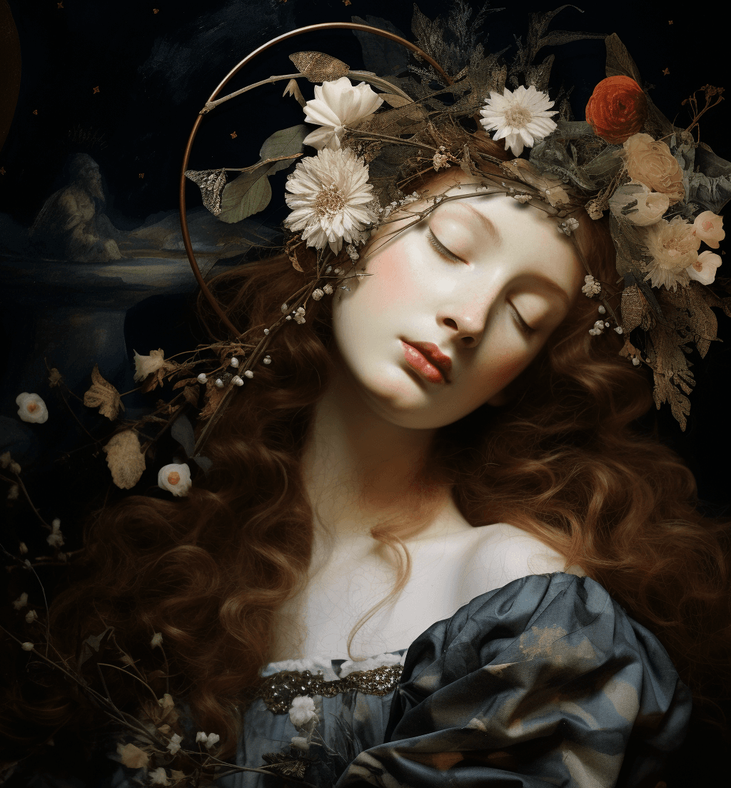 AI generated: Venus of the night, flower crown on her head, closeup, in the style of Botticelli and Jean Siméon Ch...
