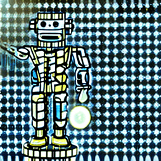 AI generated: A robot with a coin at his center, standing in front of a background of interconnecting block chains...