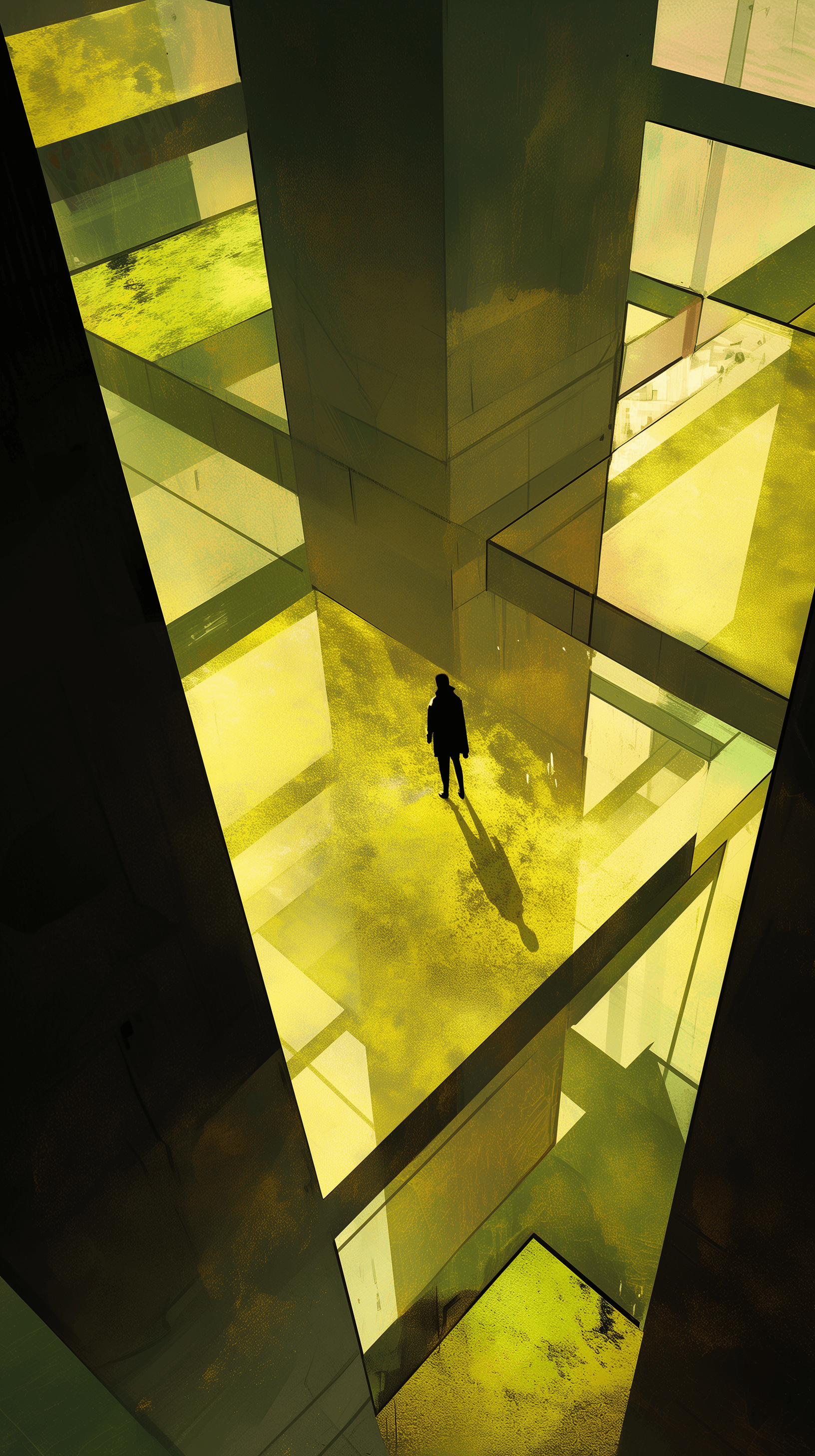 AI generated: illustration, aerial, man caught in a dramatic interplay of light and shadow inside a contemporary a...