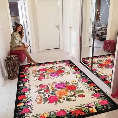 AI generated video: A modern and elegant entryway with ambient lighting and sophisticated decor. A woman wearing a beige...
