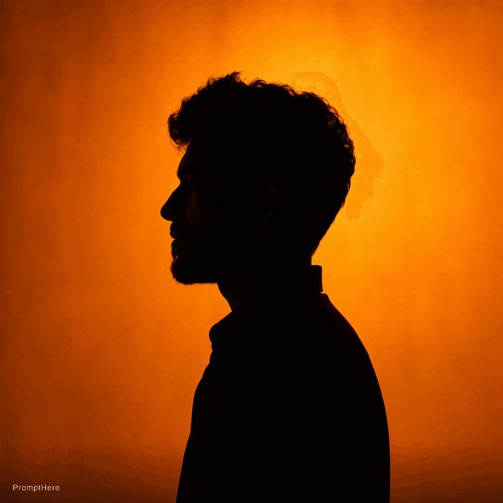 AI generated: photography, portrait of contrast, profile silhouette of a black man, vibrant orange backdrop, visua...