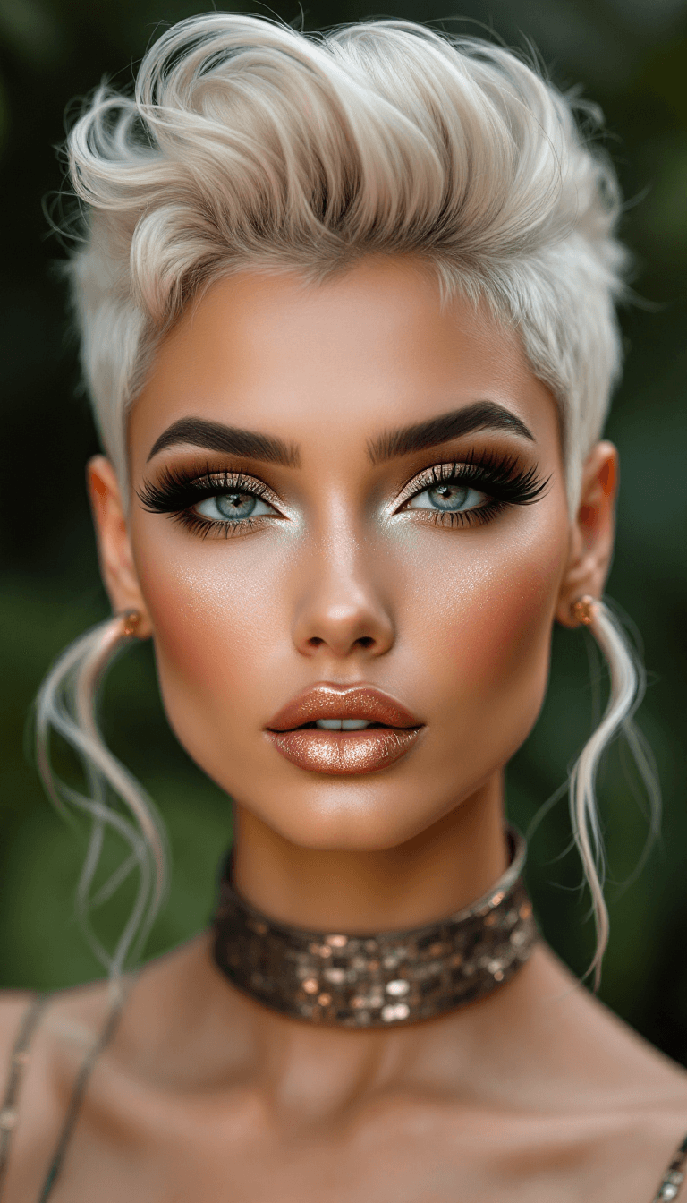 AI generated: a beautiful model with an avant-garde wavy haircut, she is looking into the camera, winged eyeliner,...
