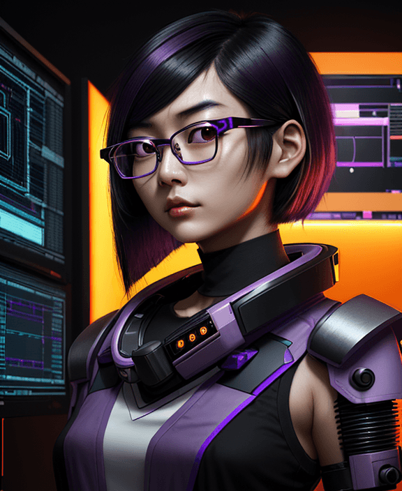 AI generated: young Asian thoughtful woman, shoulder-length purple and black hair, nerd, techie, a orange pair of ...