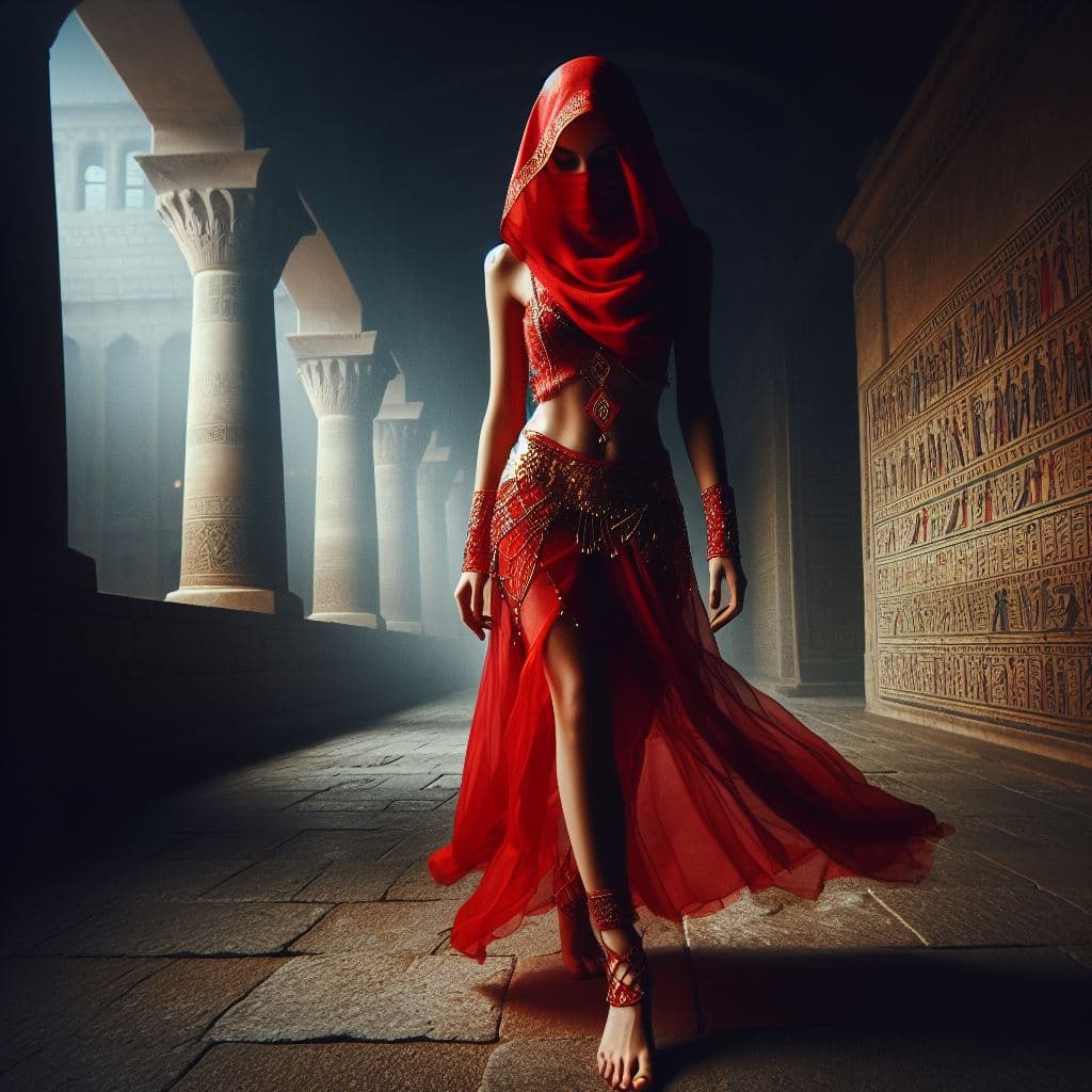 AI generated: A highly detailed CGI image features a woman with a slender, toned physique, wearing an elaborate re...