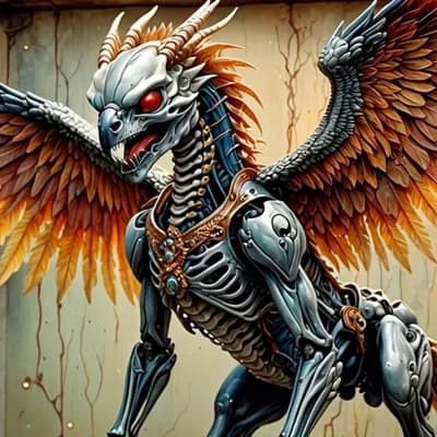 AI generated video: Image is a digital artwork featuring a mechanical Gryphon with intricate details. The Gryphon has a ...