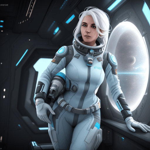 AI generated: High resolution photography strong female space explorer with white hair in ice blue tight fitting s...
