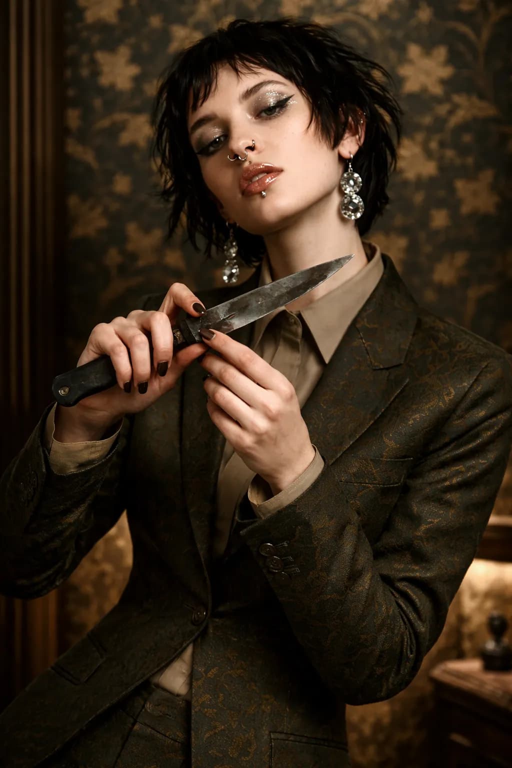 AI generated: Portrait of a stylish woman with short, tousled dark hair, wearing a vintage tailored suit (dark oli...