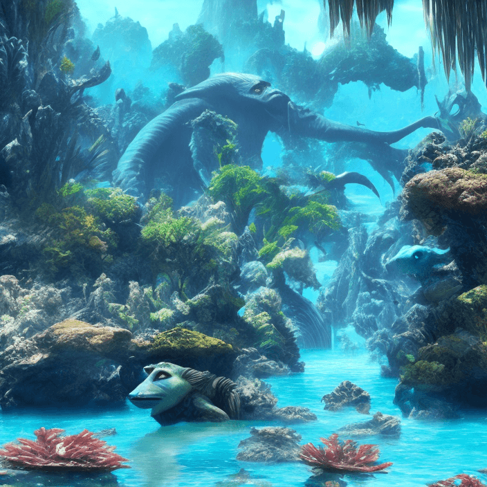 AI generated: creature of movie avatar 2, water world in background, fantasy, epic, movie theme, landscape under w...