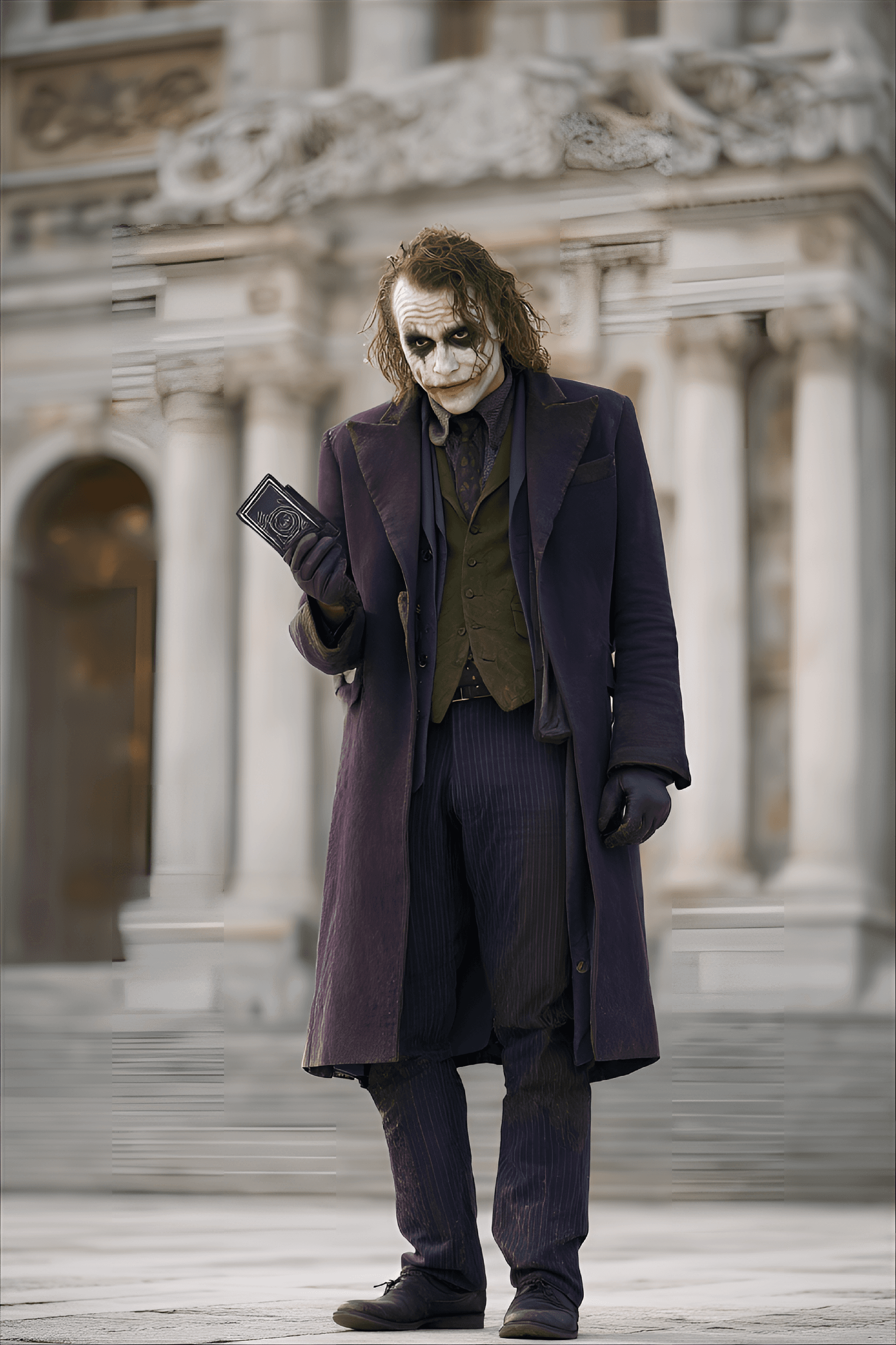 AI generated: male, Caucasian, adult, portrays the Joker character. He is positioned slightly off-center to the le...